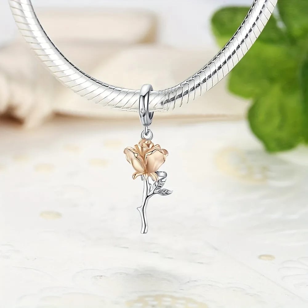 925 Sterling Silver Two Tone Rose Charm Pendant